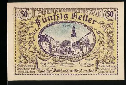 Notgeld Wang 1920, 50 Heller, Marktplatz und Kirchturm, Wappen mit Blumenmotiv