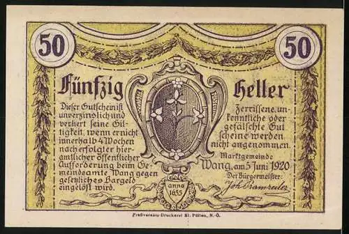 Notgeld Wang 1920, 50 Heller, Marktplatz und Kirchturm, Wappen mit Blumenmotiv