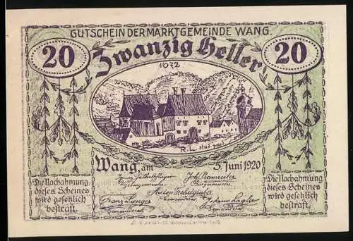 Notgeld Wang 1920, 20 Heller, Gebäude und Wappen mit Blumenornamenten