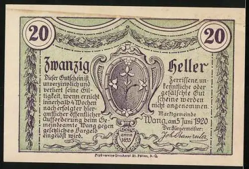 Notgeld Wang 1920, 20 Heller, Gebäude und Wappen mit Blumenornamenten