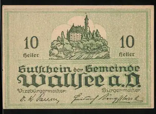 Notgeld Wallsee 1920, 10 Heller, Schloss und Wappen mit Fischmotiv