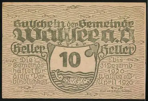 Notgeld Wallsee 1920, 10 Heller, Schloss und Wappen mit Fischmotiv