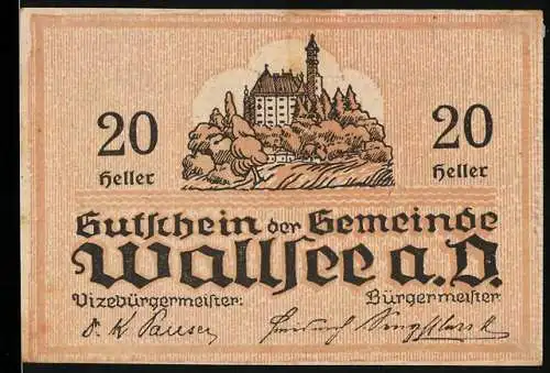 Notgeld Wallsee 1920, 20 Heller, Schlossansicht und Wappen mit Fischmotiv