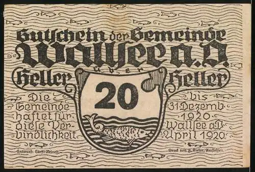 Notgeld Wallsee 1920, 20 Heller, Schlossansicht und Wappen mit Fischmotiv