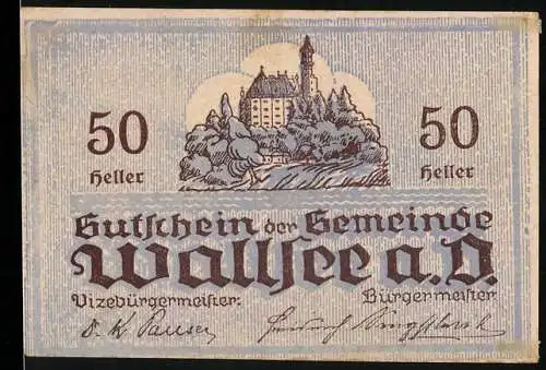 Notgeld Wallsee 1920, 50 Heller, Schlossansicht und Wappen mit Fisch