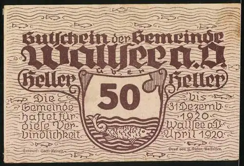 Notgeld Wallsee 1920, 50 Heller, Schlossansicht und Wappen mit Fisch