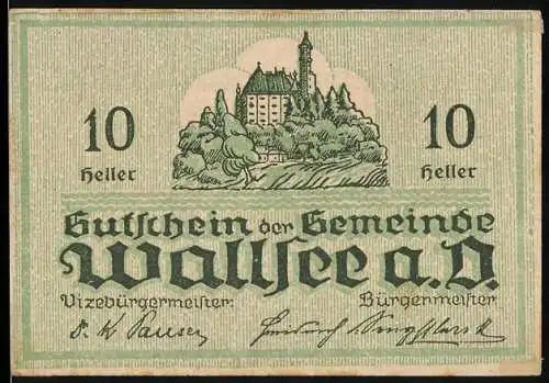 Notgeld Wallsee 1920, 10 Heller, Schloss und Fisch-Motiv, mit Unterschriften und Wellenmuster