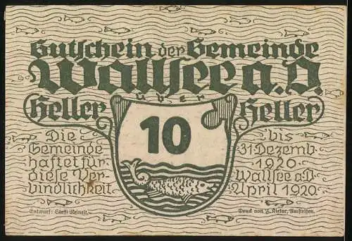 Notgeld Wallsee 1920, 10 Heller, Schloss und Fisch-Motiv, mit Unterschriften und Wellenmuster