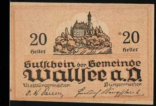 Notgeld Wallsee 1920, 20 Heller, Schloss und Fischmotiv im Wellenmuster