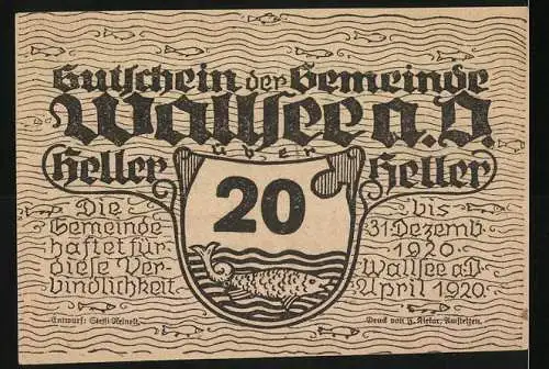 Notgeld Wallsee 1920, 20 Heller, Schloss und Fischmotiv im Wellenmuster