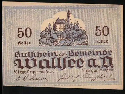 Notgeld Wallsee 1920, 50 Heller, Schlossansicht und Fischwappen