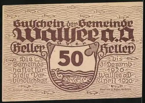 Notgeld Wallsee 1920, 50 Heller, Schlossansicht und Fischwappen