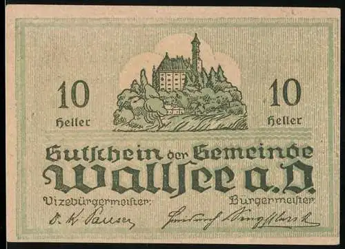 Notgeld Wallsee 1920, 10 Heller, Schlossansicht und Wappen mit Fischmotiv