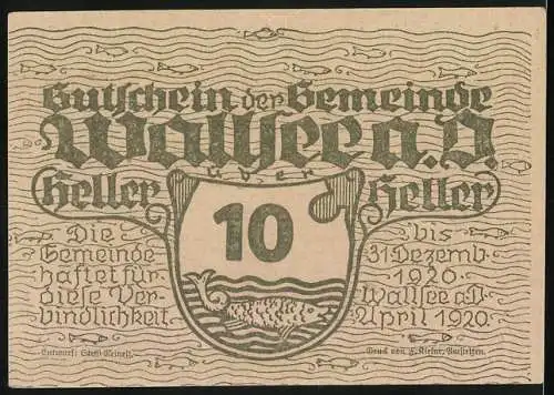 Notgeld Wallsee 1920, 10 Heller, Schlossansicht und Wappen mit Fischmotiv