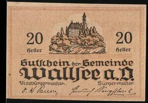 Notgeld Wallsee 1920, 20 Heller, Schloss und Wappen mit Fischmotiv