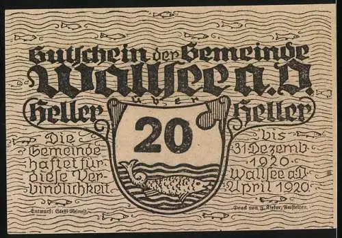 Notgeld Wallsee 1920, 20 Heller, Schloss und Wappen mit Fischmotiv