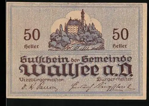 Notgeld Wallsee 1920, 50 Heller, Schlossansicht und Wappen mit Fisch