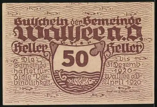 Notgeld Wallsee 1920, 50 Heller, Schlossansicht und Wappen mit Fisch