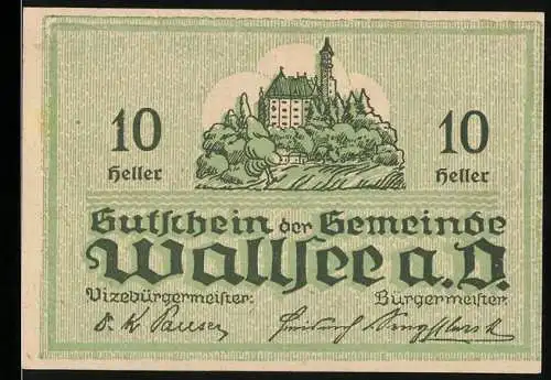 Notgeld Wallsee 1920, 10 Heller, Schlossansicht und Wappen mit Fisch