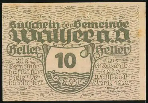 Notgeld Wallsee 1920, 10 Heller, Schlossansicht und Wappen mit Fisch