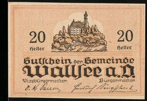 Notgeld Wallsee 1920, 20 Heller, Burgansicht und Wappen mit Fischmotiv