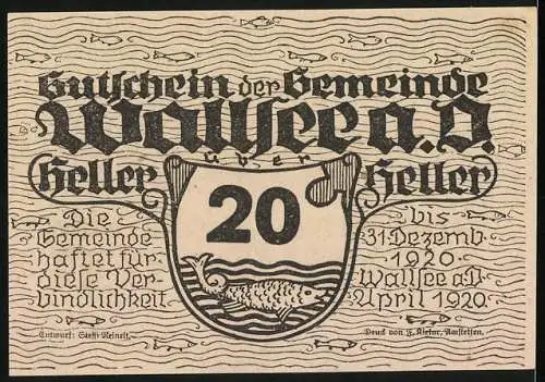 Notgeld Wallsee 1920, 20 Heller, Burgansicht und Wappen mit Fischmotiv