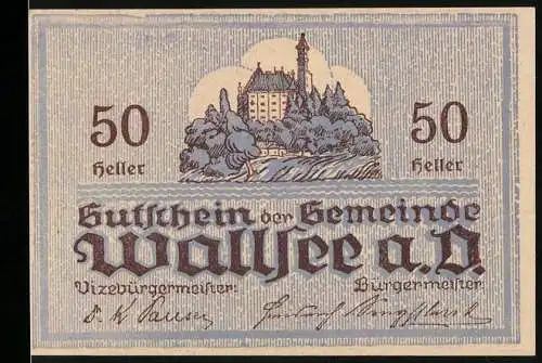 Notgeld Wallsee 1920, 50 Heller, Schloss und Wappen mit Fischmotiv