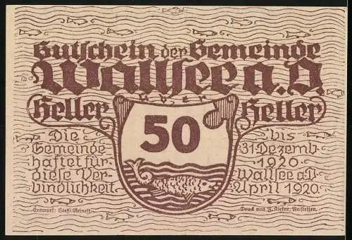 Notgeld Wallsee 1920, 50 Heller, Schloss und Wappen mit Fischmotiv