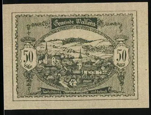 Notgeld Wallern 1920, 50 Heller, Landschaftsansicht mit Dorf und Kirchen