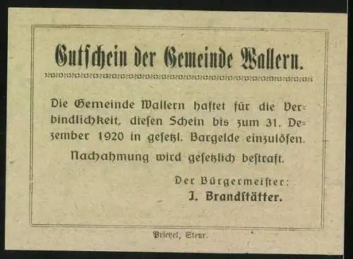 Notgeld Wallern 1920, 50 Heller, Landschaftsansicht mit Dorf und Kirchen