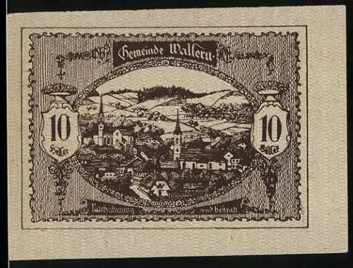 Notgeld Wallern 1920, 10 Heller, Landschaft mit Dorf und Kirche, Gutschein der Gemeinde Wallern