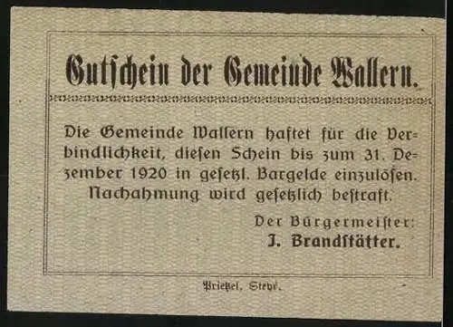 Notgeld Wallern 1920, 10 Heller, Landschaft mit Dorf und Kirche, Gutschein der Gemeinde Wallern