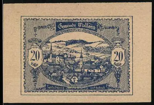 Notgeld Wallern 1920, 20 Heller, Ortsansicht mit Kirche und Hügeln