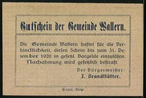 Notgeld Wallern 1920, 20 Heller, Ortsansicht mit Kirche und Hügeln