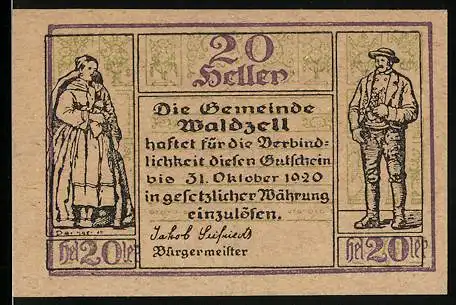 Notgeld Waldzell 1920, 20 Heller, traditionelle Trachten und Verzierungen