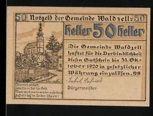 Notgeld Waldzell 1920, 50 Heller, Kirche und Landschaftsmotiv