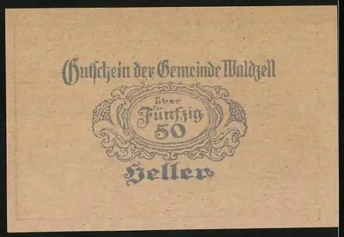 Notgeld Waldzell 1920, 50 Heller, Kirche und Landschaftsmotiv