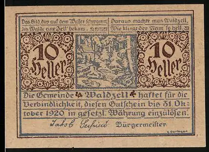 Notgeld Waldzell 1920, 10 Heller, idyllische Waldlandschaft und dekoratives Muster