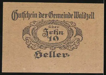 Notgeld Waldzell 1920, 10 Heller, idyllische Waldlandschaft und dekoratives Muster