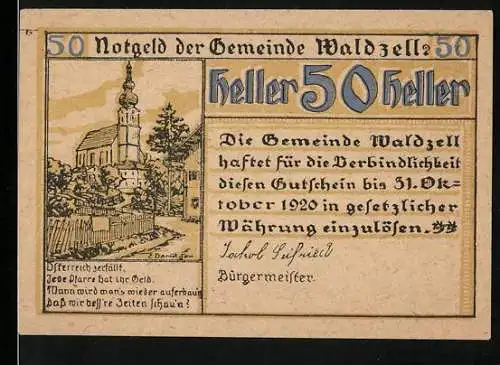 Notgeld Waldzell 1920, 50 Heller, Kirche und Landschaftsmotiv, Garantie bis Oktober 1920