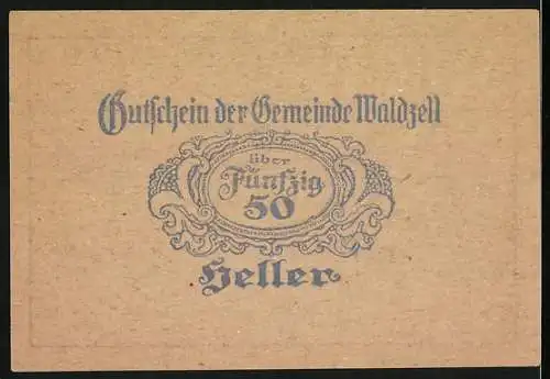 Notgeld Waldzell 1920, 50 Heller, Kirche und Landschaftsmotiv, Garantie bis Oktober 1920