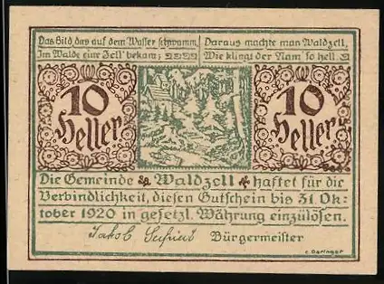 Notgeld Waldzell 1920, 10 Heller, Landschaft und Verzierungsmuster