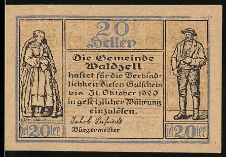 Notgeld Waldzell 1920, 20 Heller, Bauer und Bäuerin, Ornamentik, Bürgermeisterunterschrift