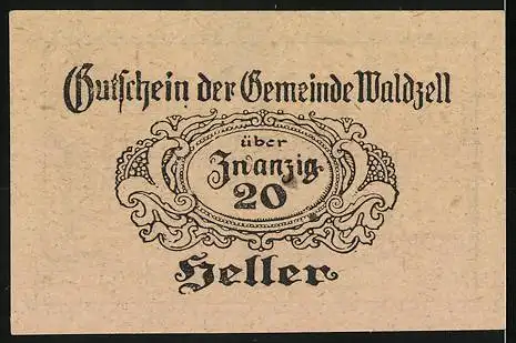 Notgeld Waldzell 1920, 20 Heller, Bauer und Bäuerin, Ornamentik, Bürgermeisterunterschrift