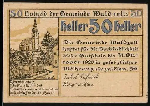 Notgeld Waldzell 1920, 50 Heller, Kirche und Landschaftsmotiv