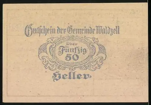 Notgeld Waldzell 1920, 50 Heller, Kirche und Landschaftsmotiv