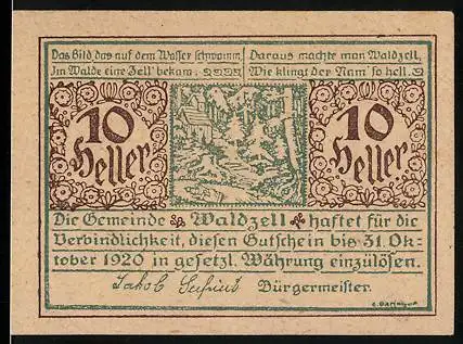 Notgeld Waldzell 1920, 10 Heller, Waldszene, Verbindlichkeitstext, dekorative Schriftzüge