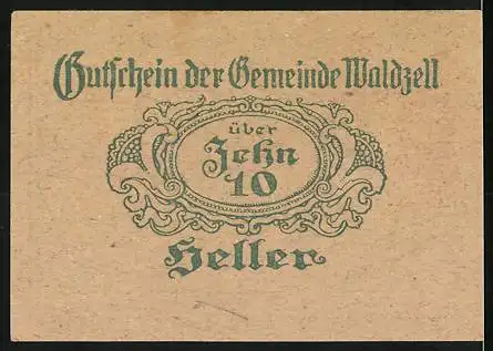 Notgeld Waldzell 1920, 10 Heller, Waldszene, Verbindlichkeitstext, dekorative Schriftzüge