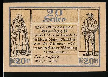 Notgeld Waldzell 1920, 20 Heller, Mann und Frau in traditioneller Kleidung, Schriftzug mit Ornamenten