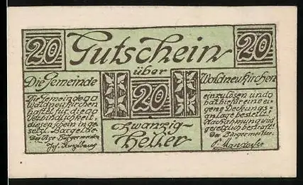 Notgeld Waldneukirchen, 20 Heller, Stadtansicht mit Bergen und Kirchturm